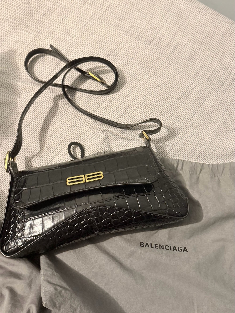 Balenciaga Black Croc-Embossed Crossbody with Gold BB Hardware